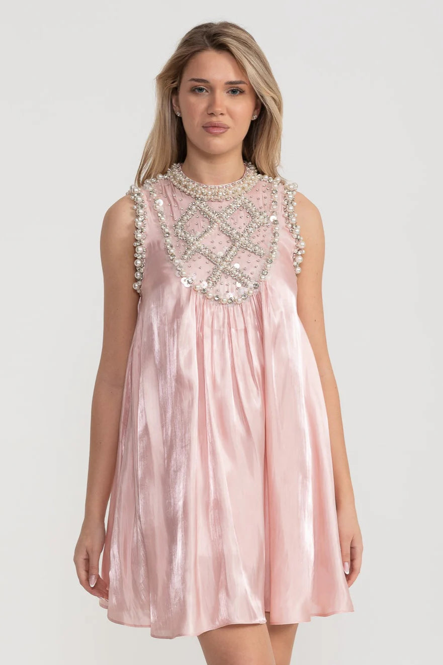 Elegant A-Line Sleeveless Dress With Intricate Pearl And Crystal Embellishments - Pink
