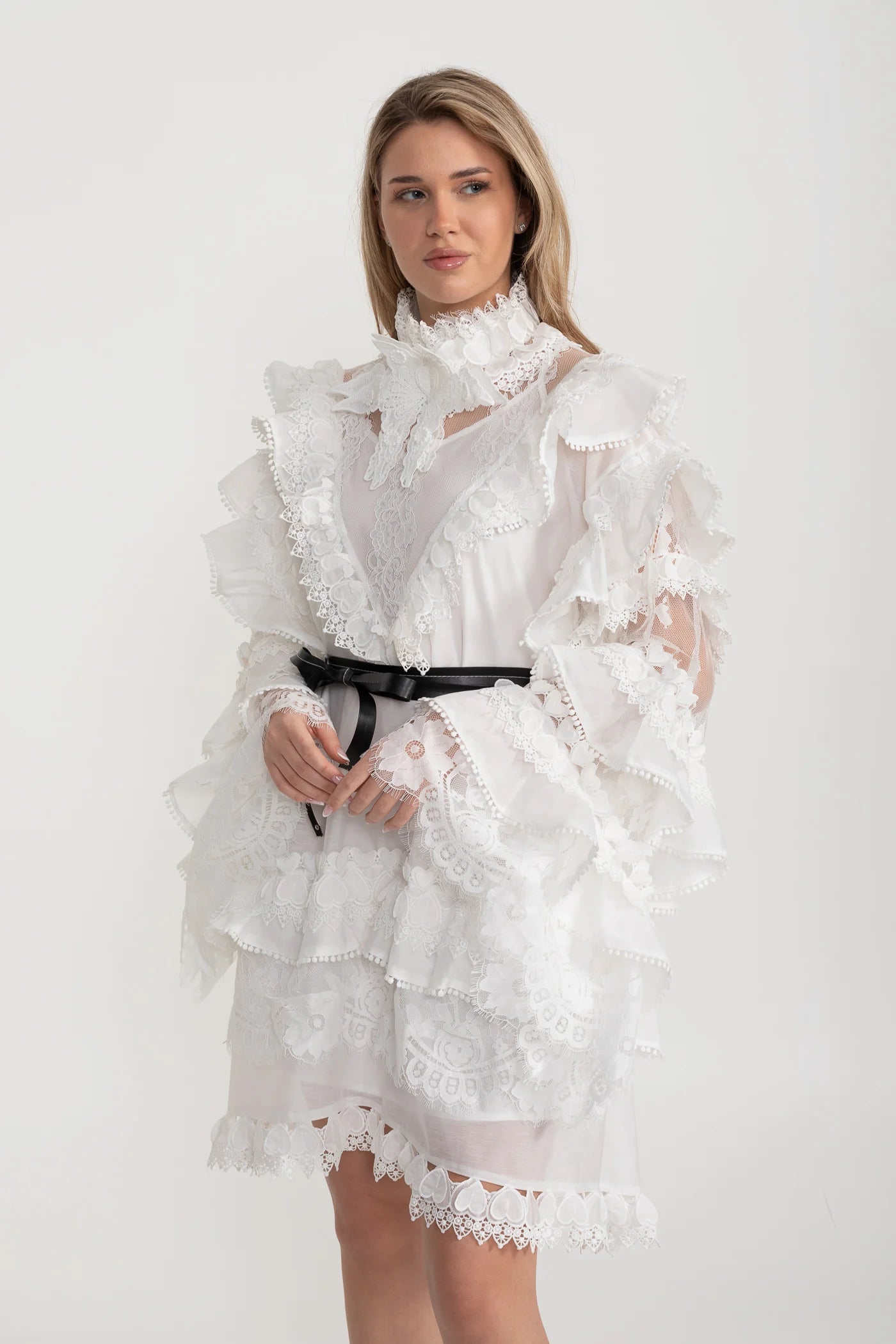Victorian-Inspired Ruffled Lace Mini Dress – White