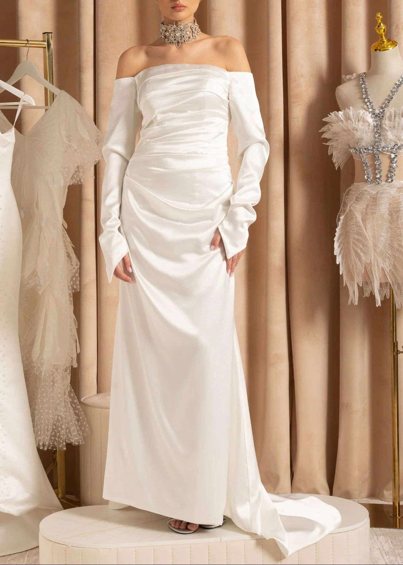 Ruched Off-Shoulder Satin Gown With Draped Maxi Skirt - White