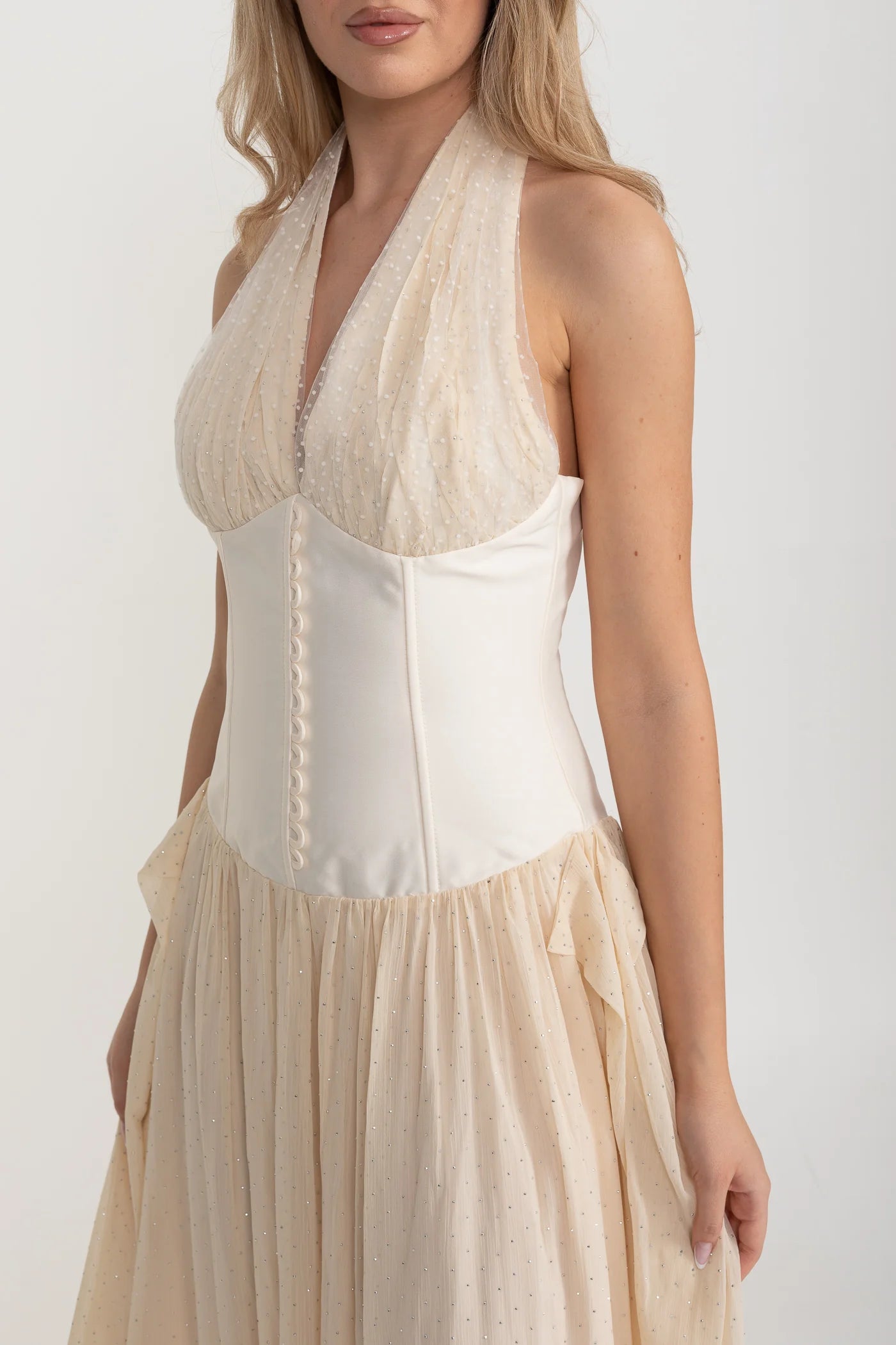 Halter Maxi Dress with Corset Bodice and Tulle Skirt - Ivoire