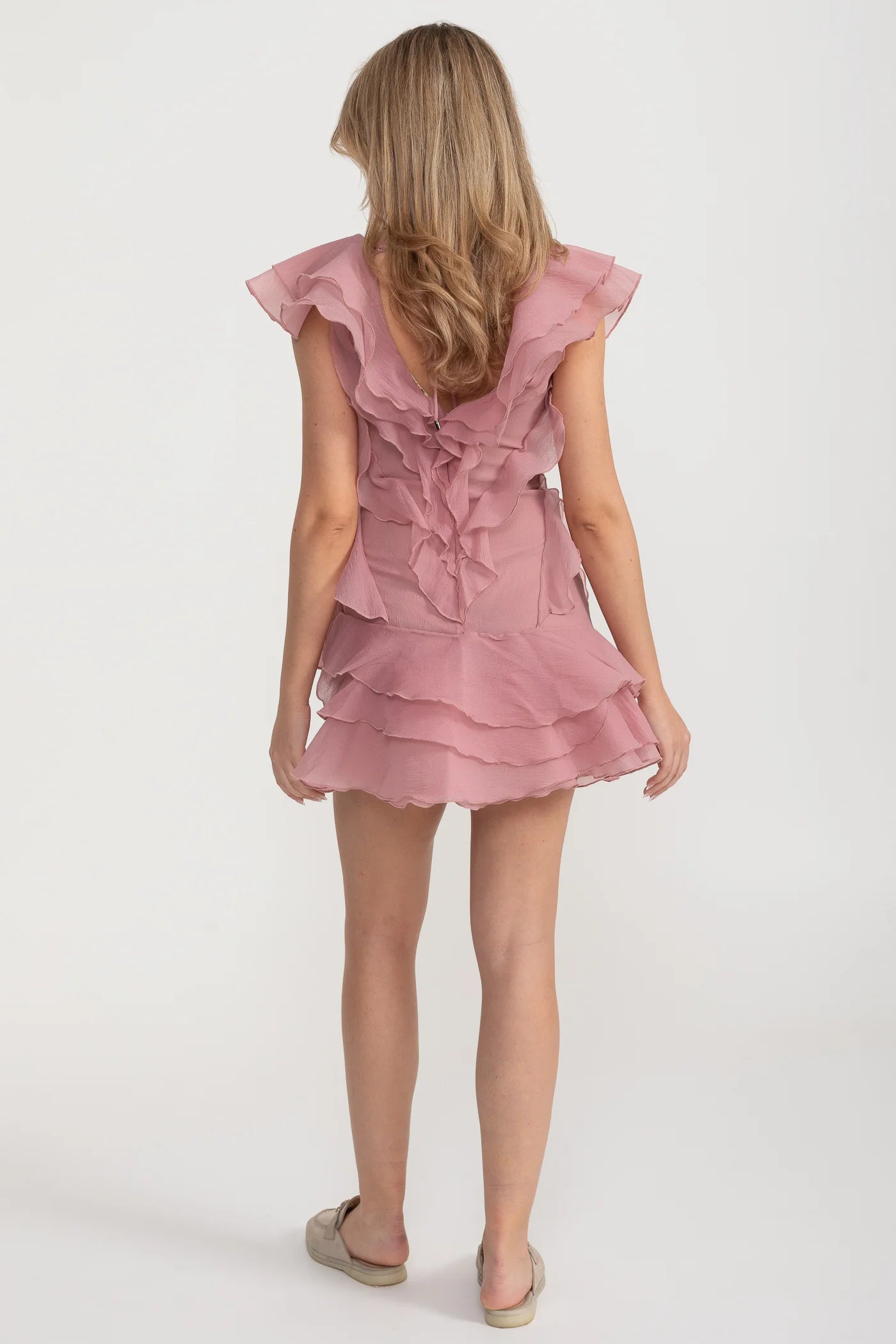 Mini Dress with Layered Ruffles and V-Neckline - Pink
