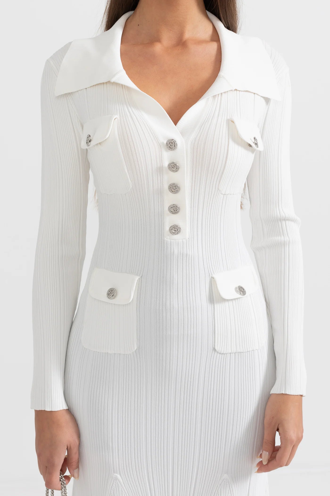 Sophisticated Long Sleeved Ribbed Dress - White