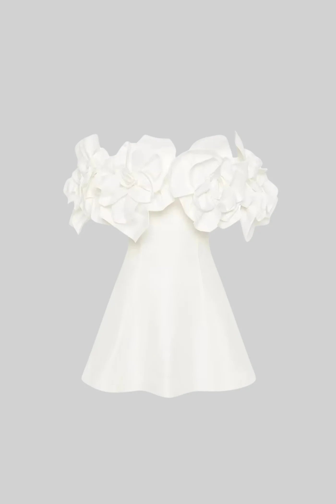 Off-Shoulder Mini Dress with Oversized Floral Appliqués - White