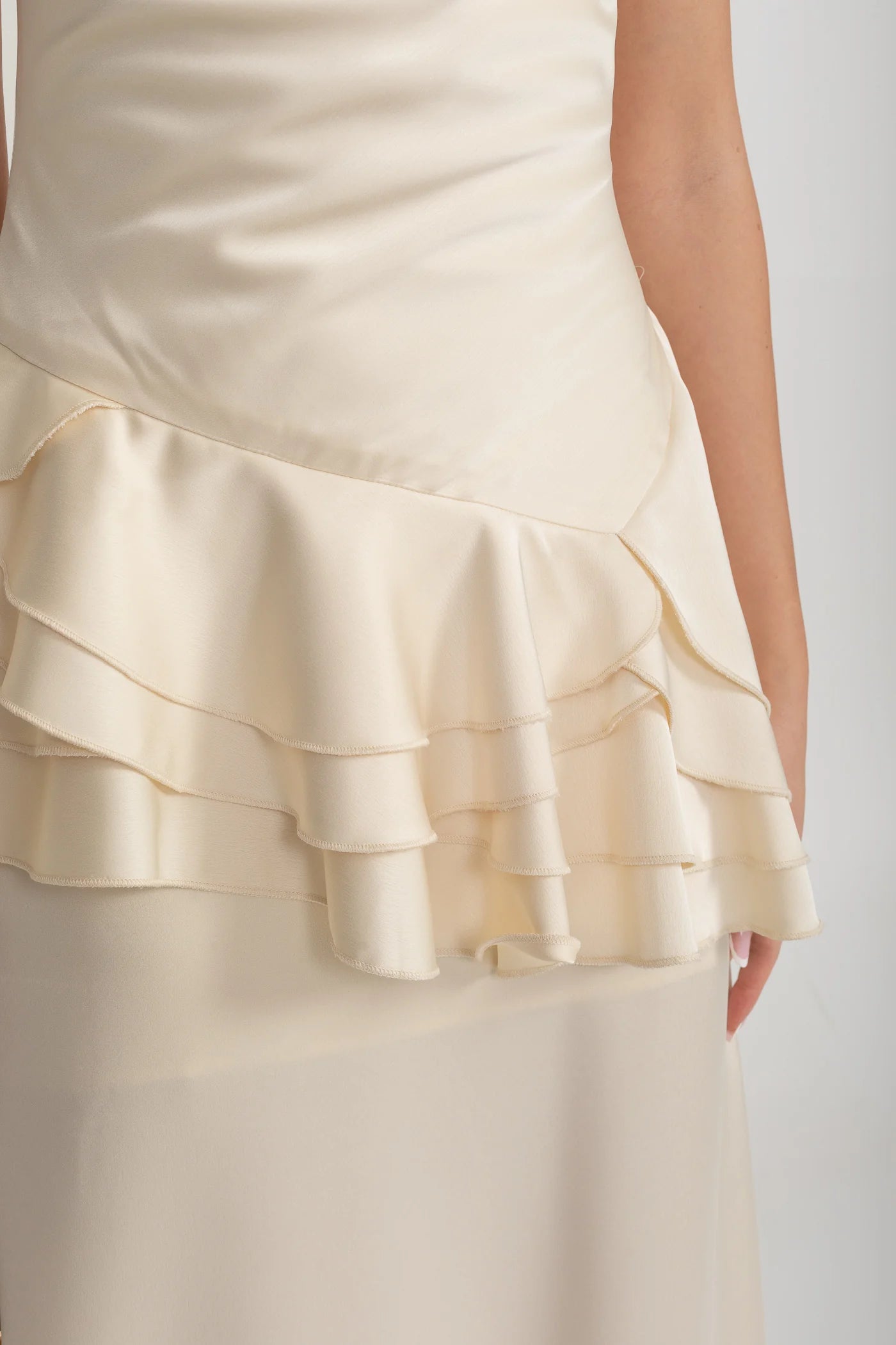 Spaghetti Strap Satin Maxi Dress with Asymmetric Ruffles - Ivoire