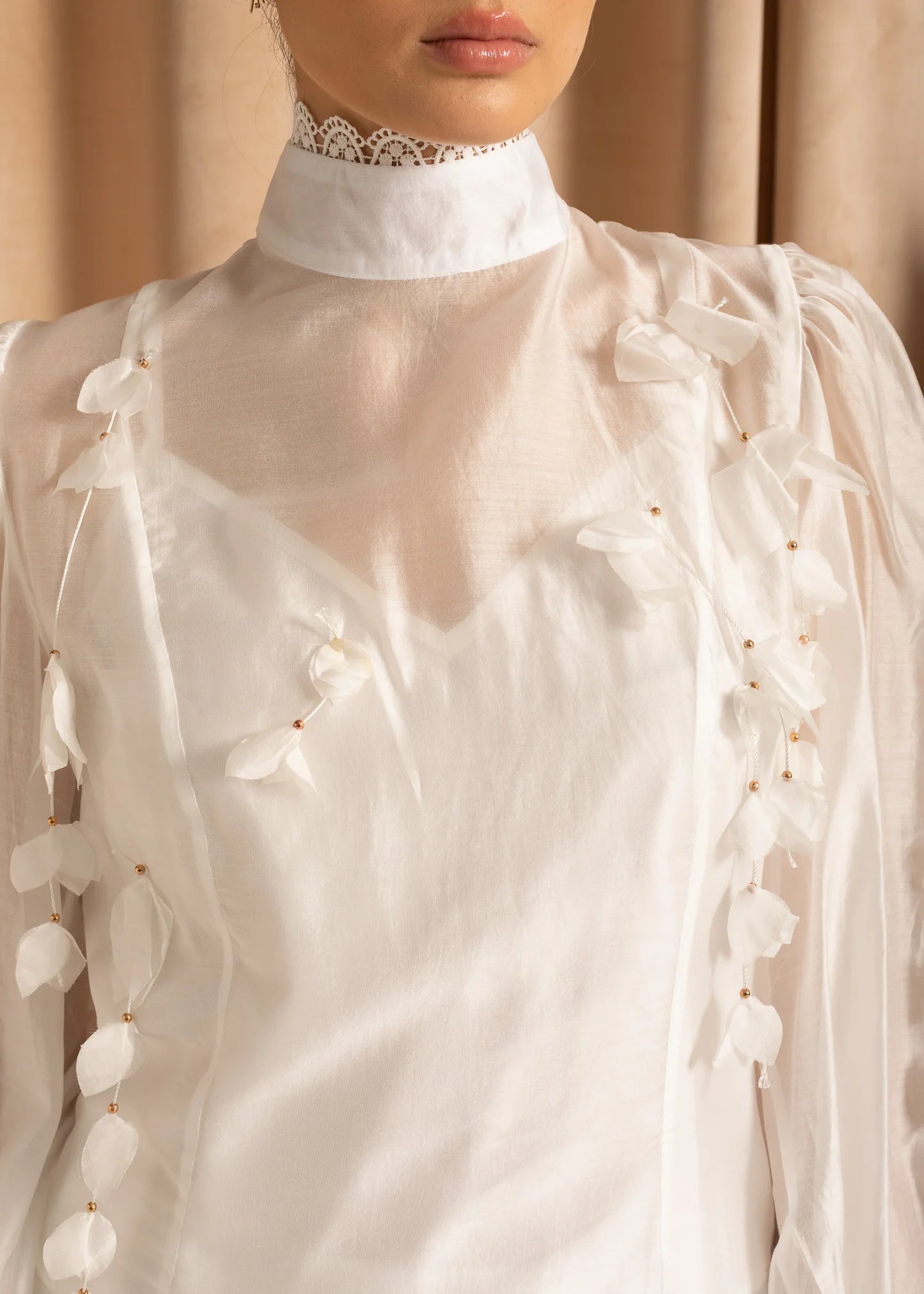 Flower Co-Ord With High Neckline, Lace And Adornments - White