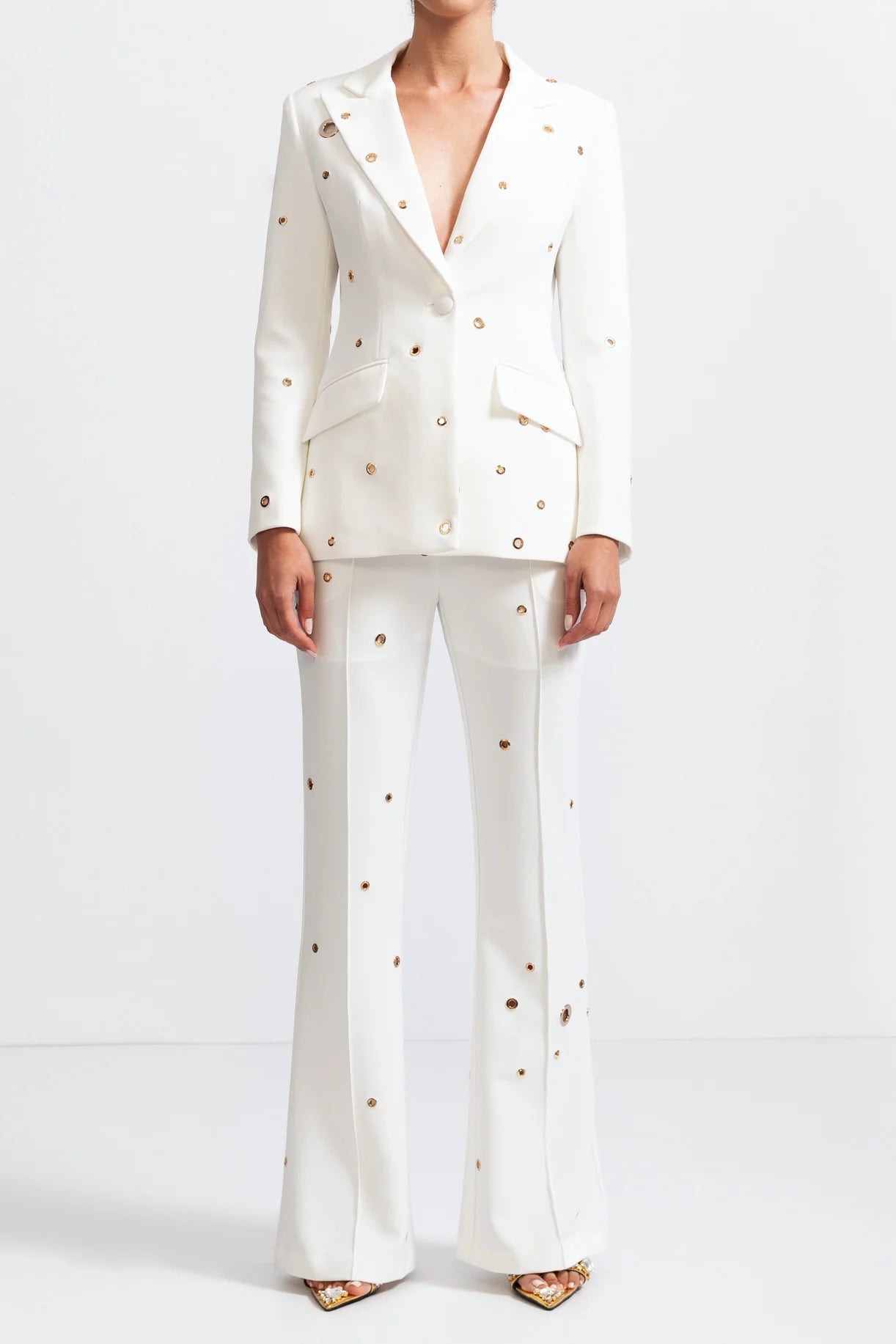 Elegant Two Piece Ensemble With Metallic Details - White