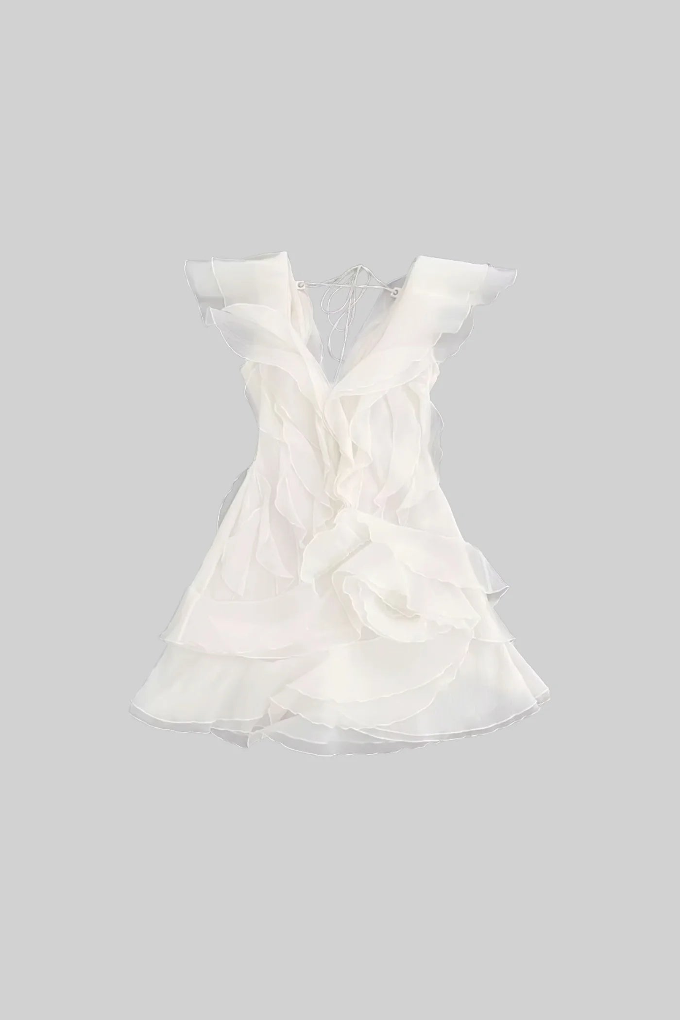 Mini Dress with Layered Ruffles and V-Neckline - White