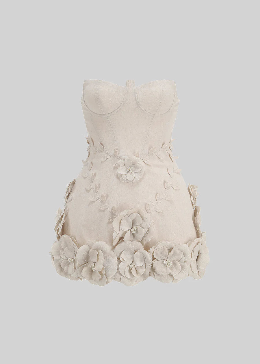 Mini Bustier Dress With 3D Floral Details - Ivoire