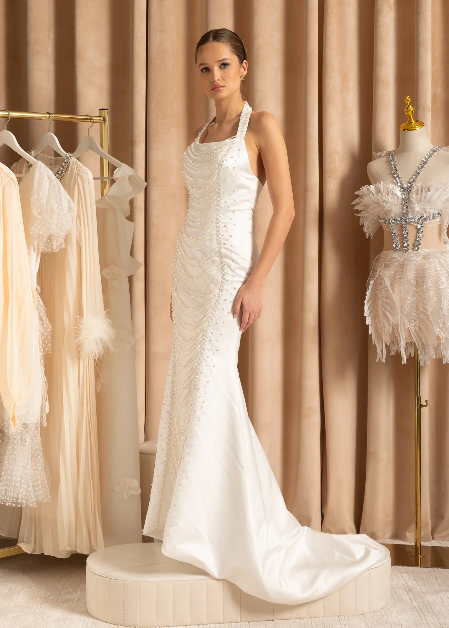 Exquisite Satin Evening Gown With Pearls - White