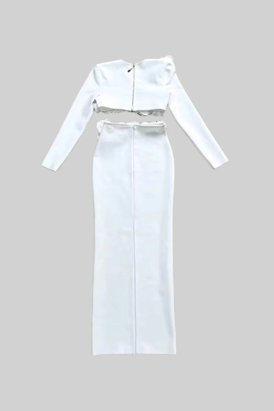 Two Piece Set With 3D Flower Embellished Top and Coordinated Maxi Skirt - White