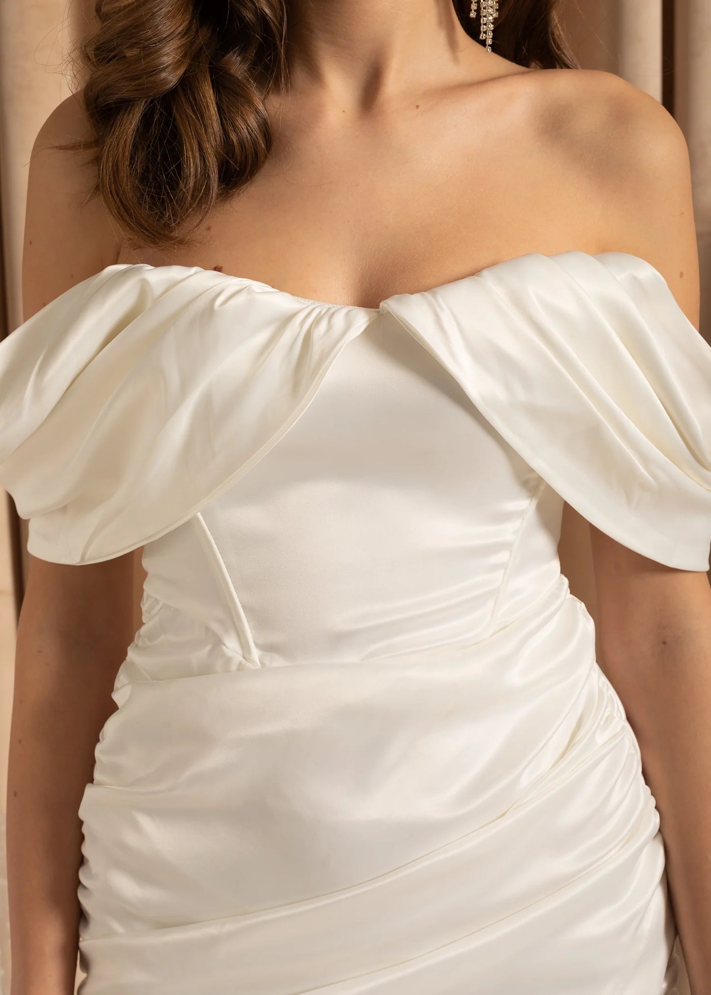 Off-Shoulder Satin Mini Dress With Ruched Detailing - White