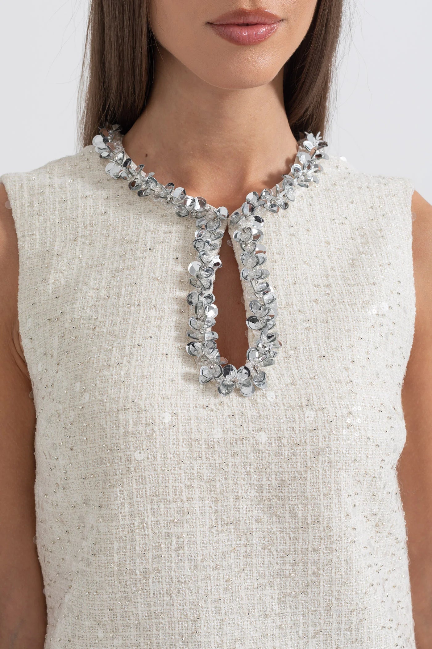 Textured Mini Dress With Silver Sequin Collar Detailing - Ivoire