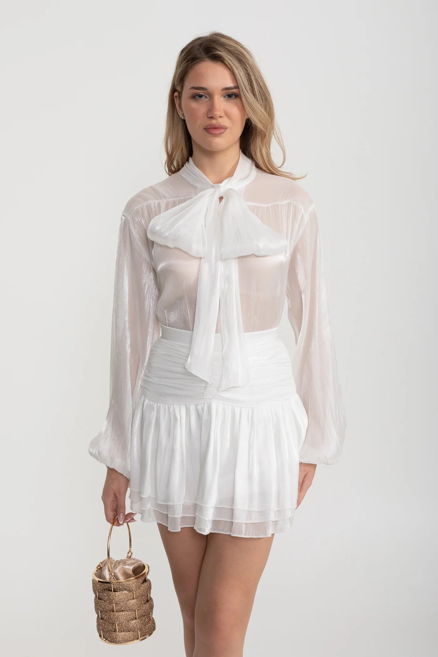 Sheer Bow Blouse And Layered Mini Skirt Set - White