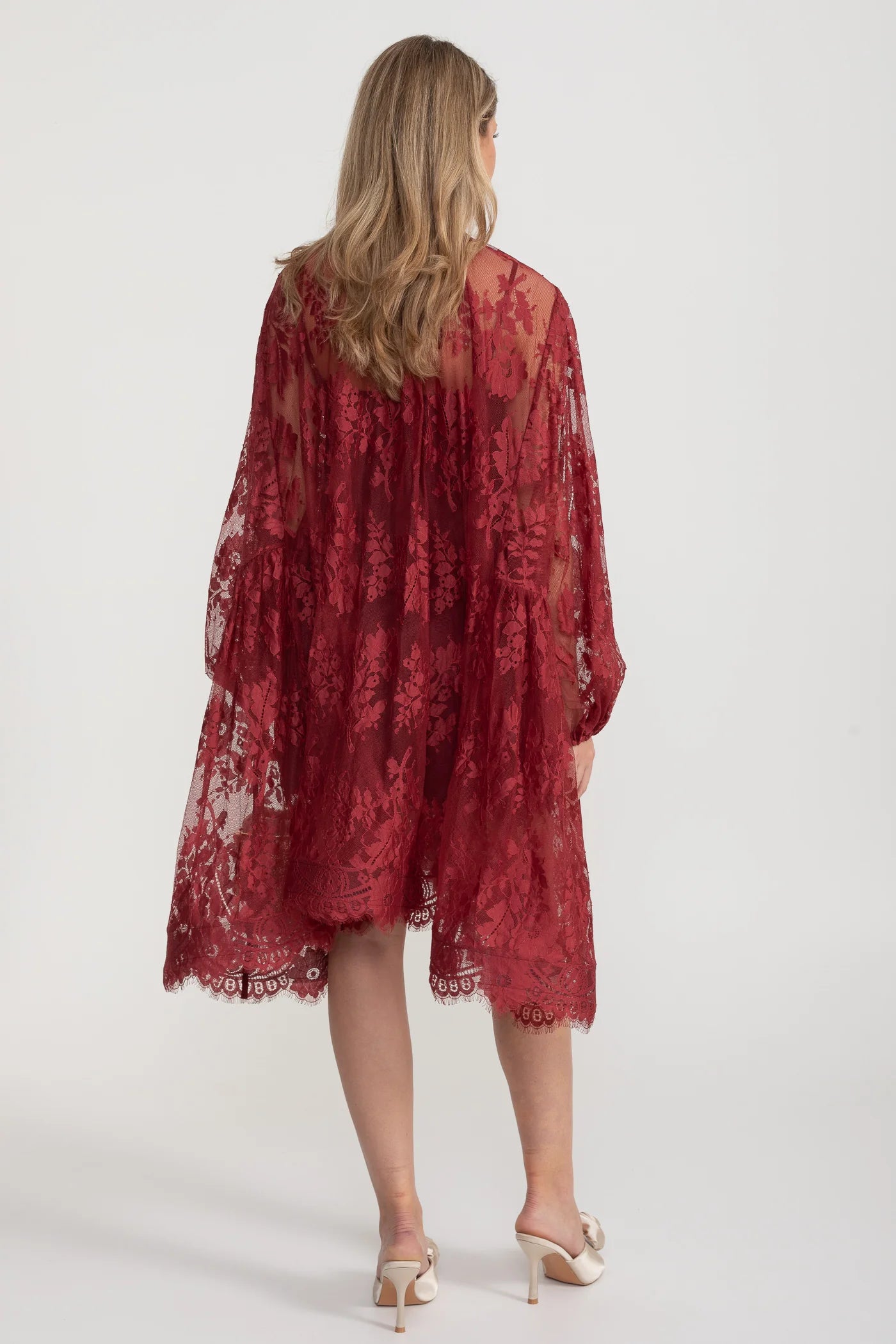 A-Line Lace Dress with Bow Tie Neck – Burgundy