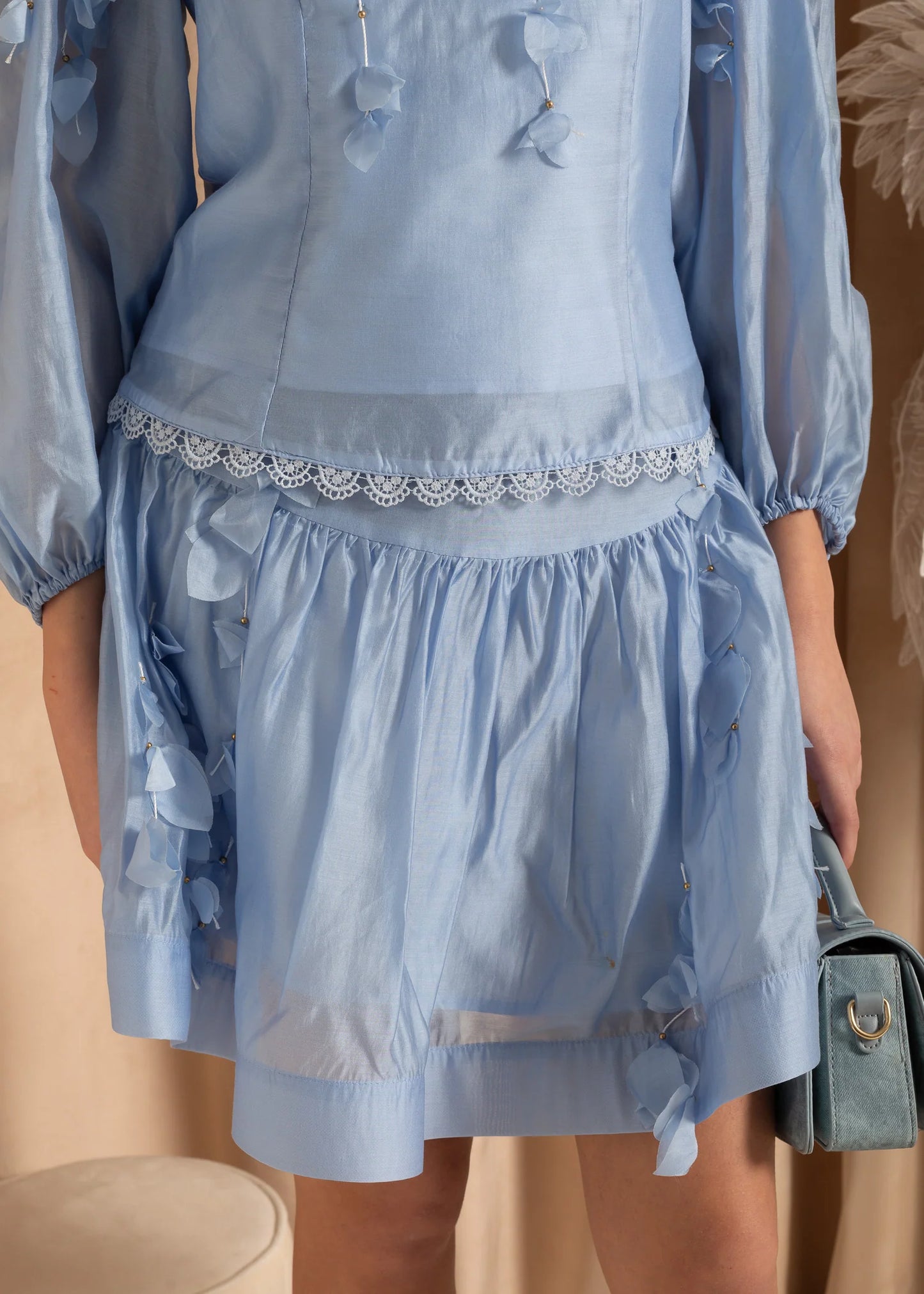 Flower Co-Ord With High Neckline, Lace And Adornments - Blue