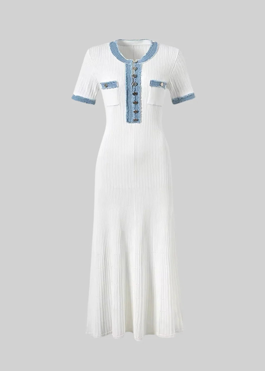 Textured Knit Midi Dress With Blue Details - White