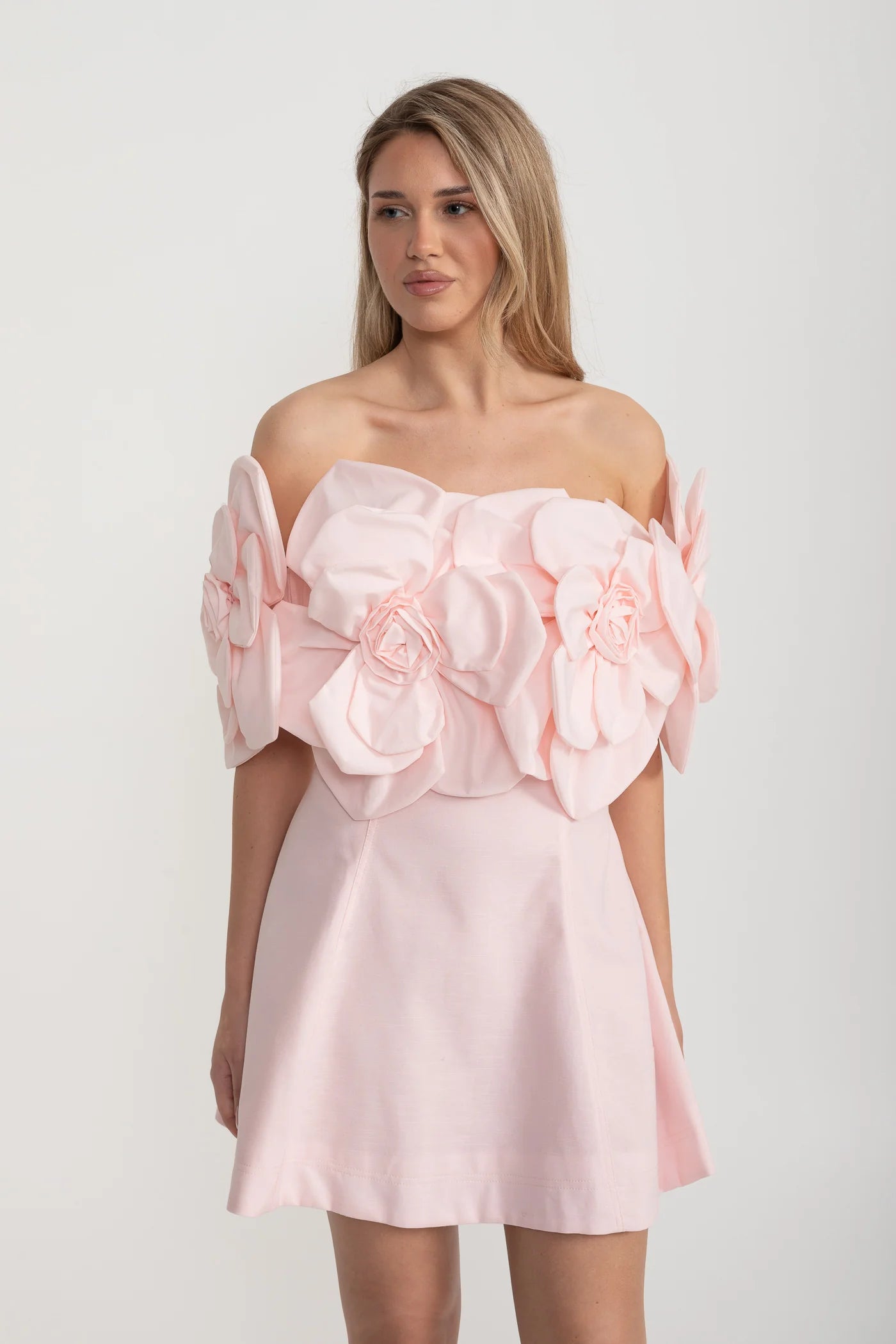 Off-Shoulder Mini Dress with Oversized Floral Appliqués - Pink