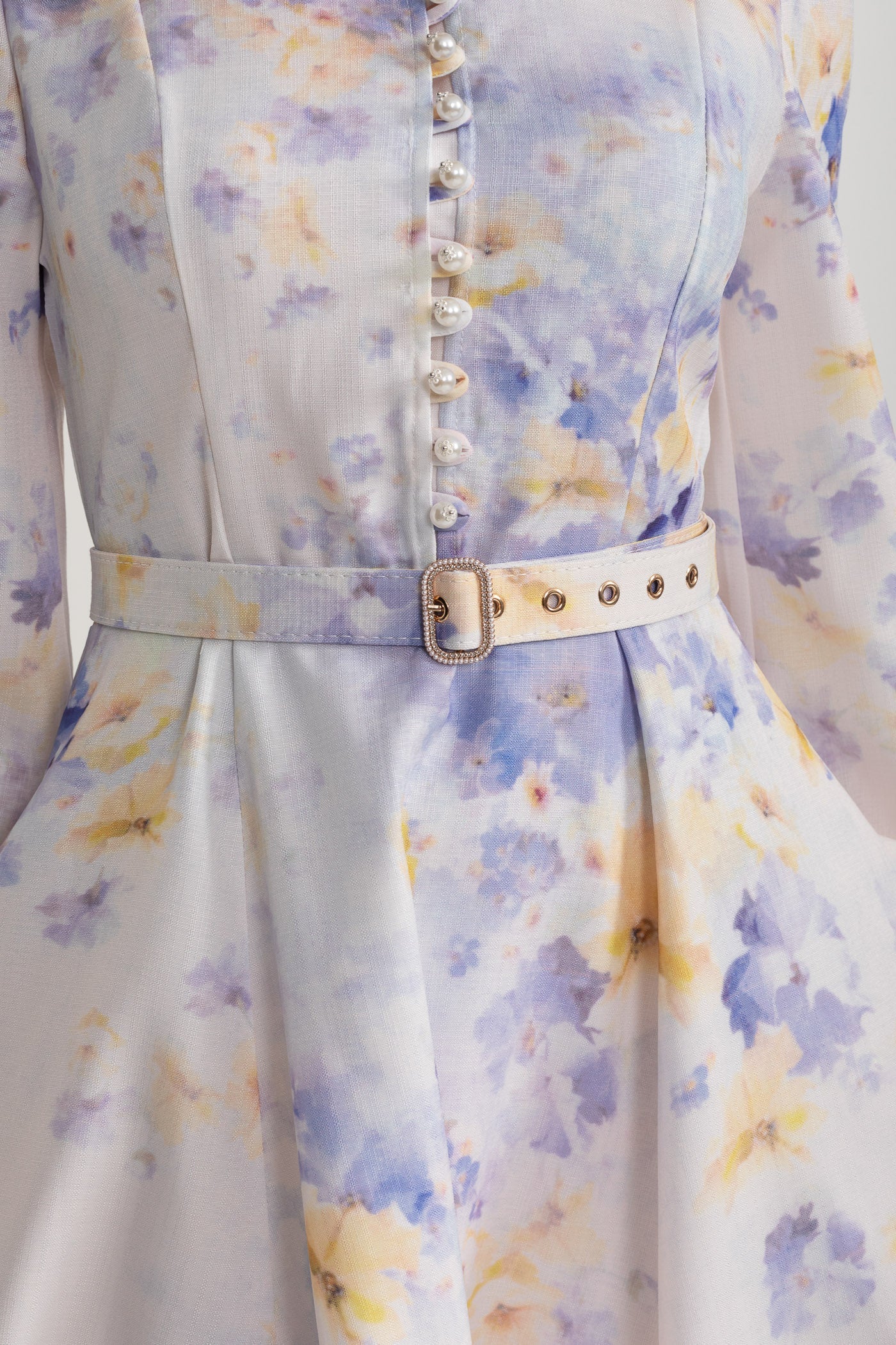Watercolor Floral Belted Mini Dress with Mandarin Collar – Pastel Blue