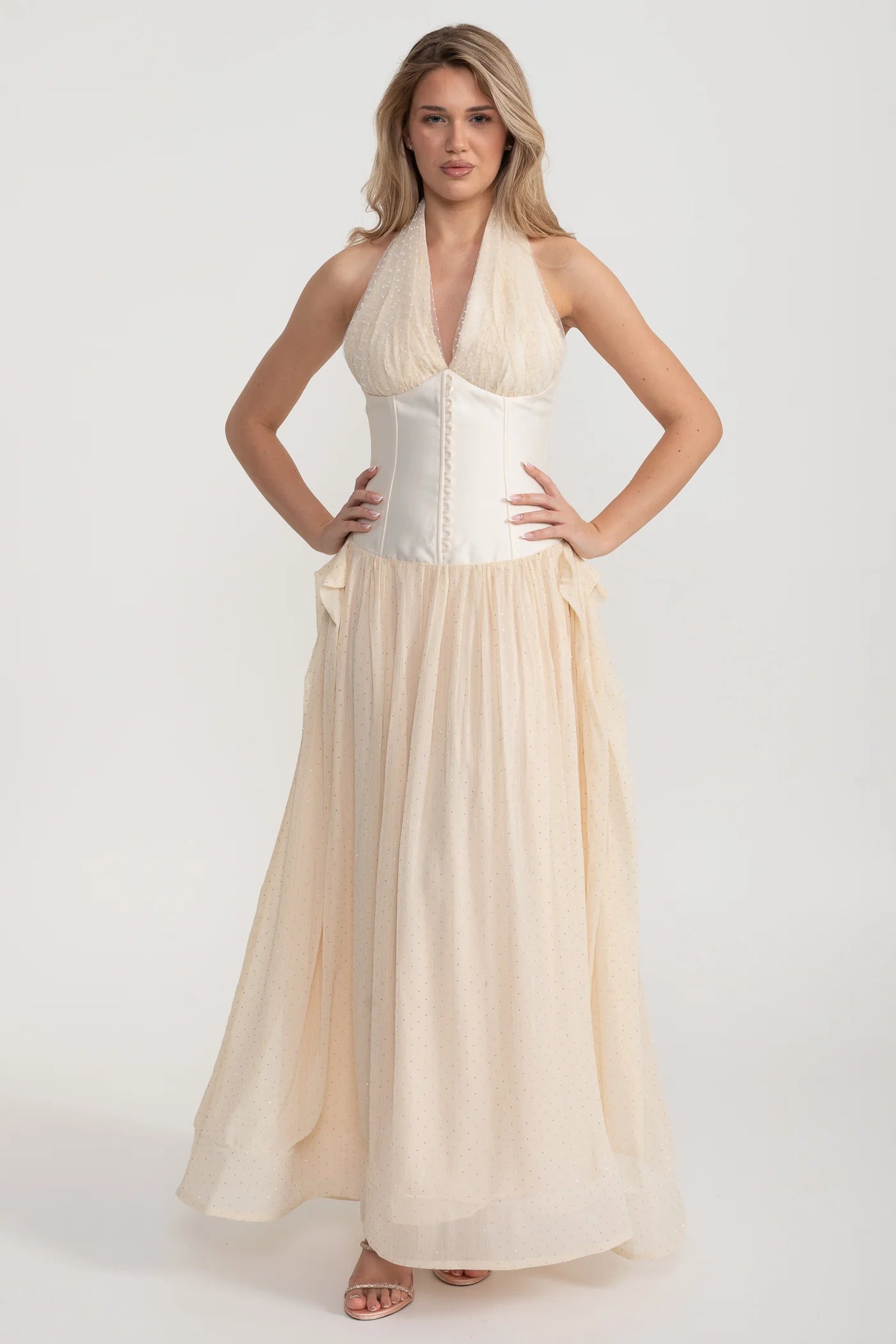 Halter Maxi Dress with Corset Bodice and Tulle Skirt - Ivoire