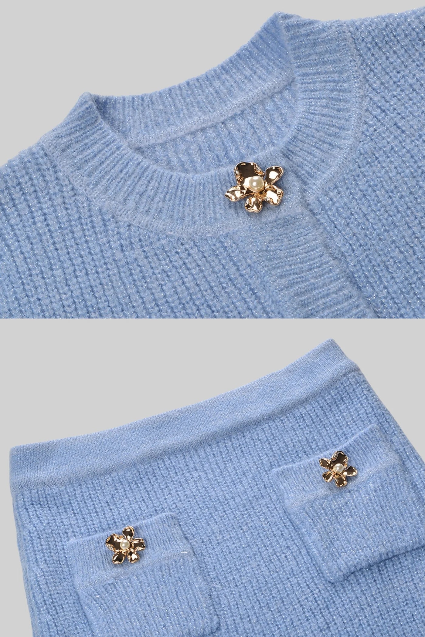 Elegant Knit Ensemble With Decorative Gold Flower Buttons - Blue