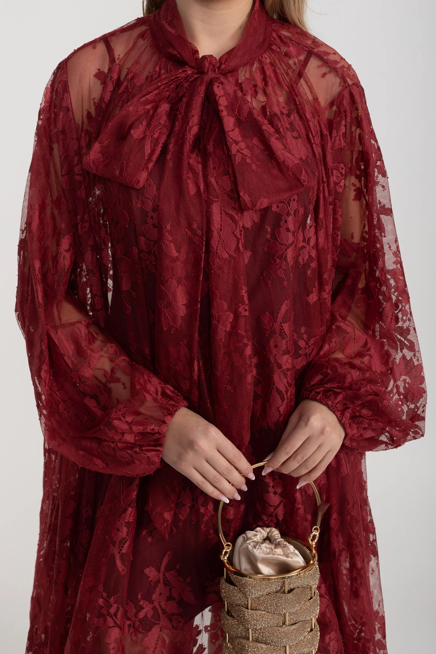 A-Line Lace Dress with Bow Tie Neck – Burgundy