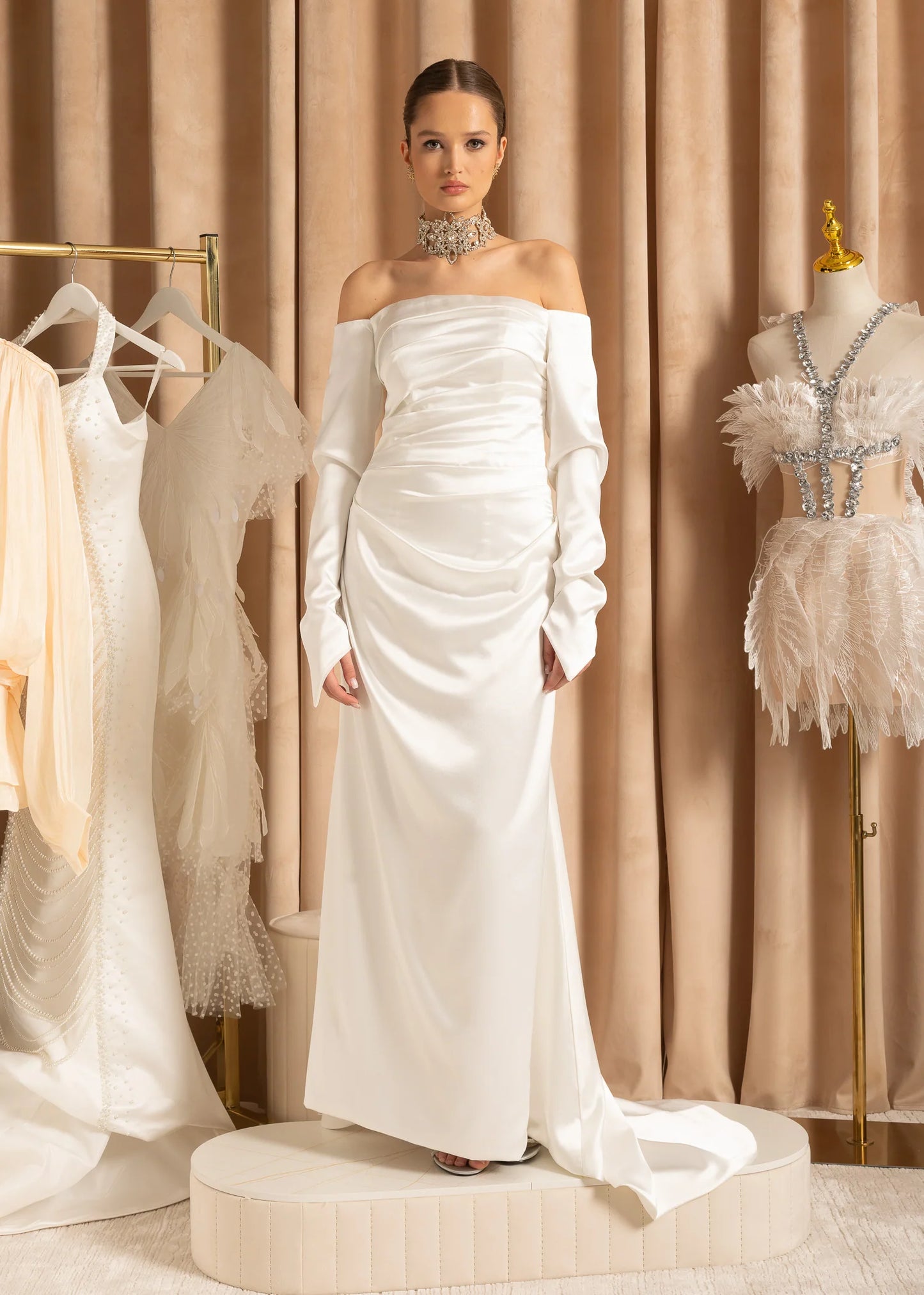 Ruched Off-Shoulder Satin Gown With Draped Maxi Skirt - White