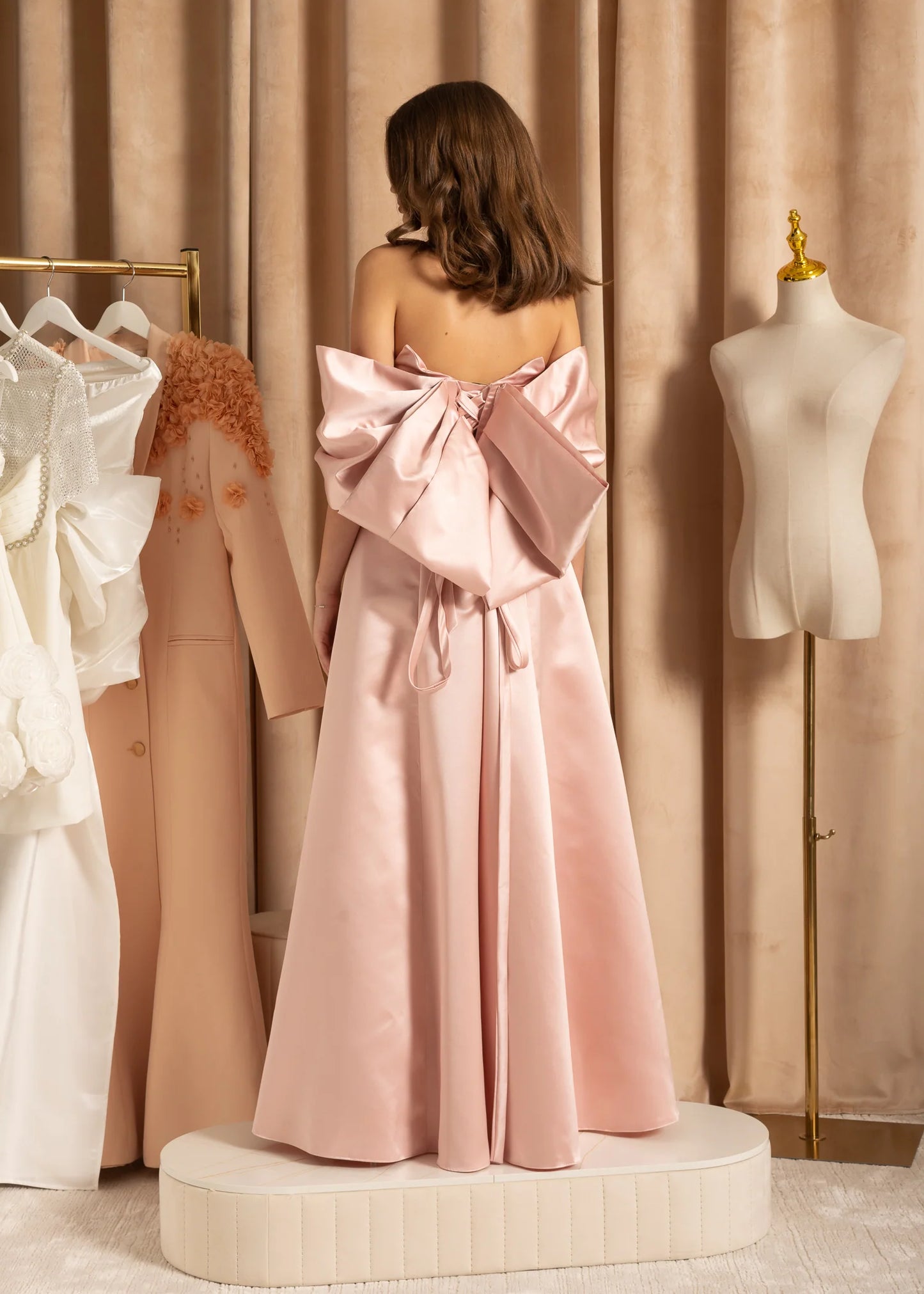 Elegant Satin Strapless Dress With Oversized Back Bow - Peach