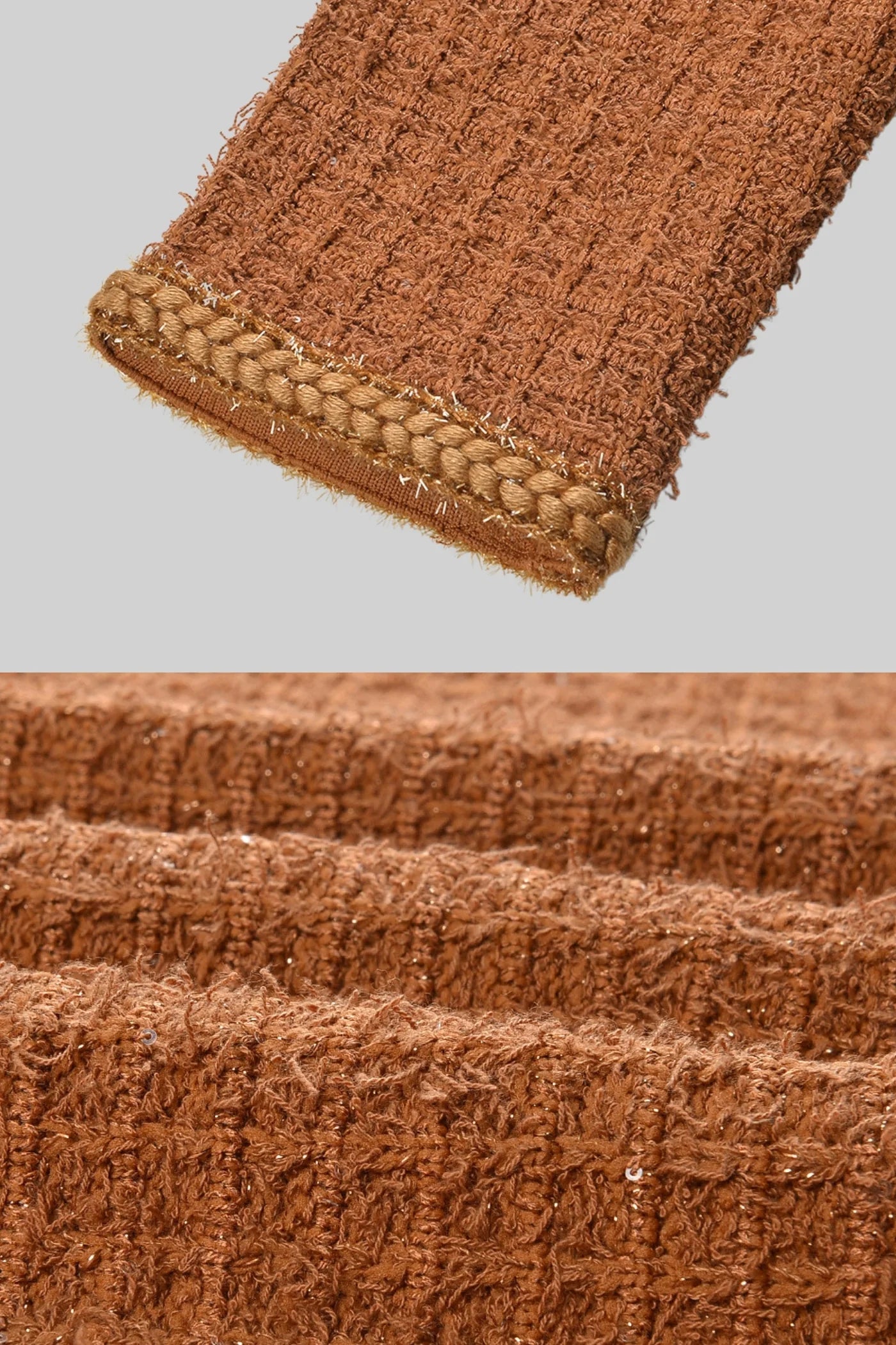 Knitted Two Piece Ensemble With Tweed Jacket and Skirt Set - Brown