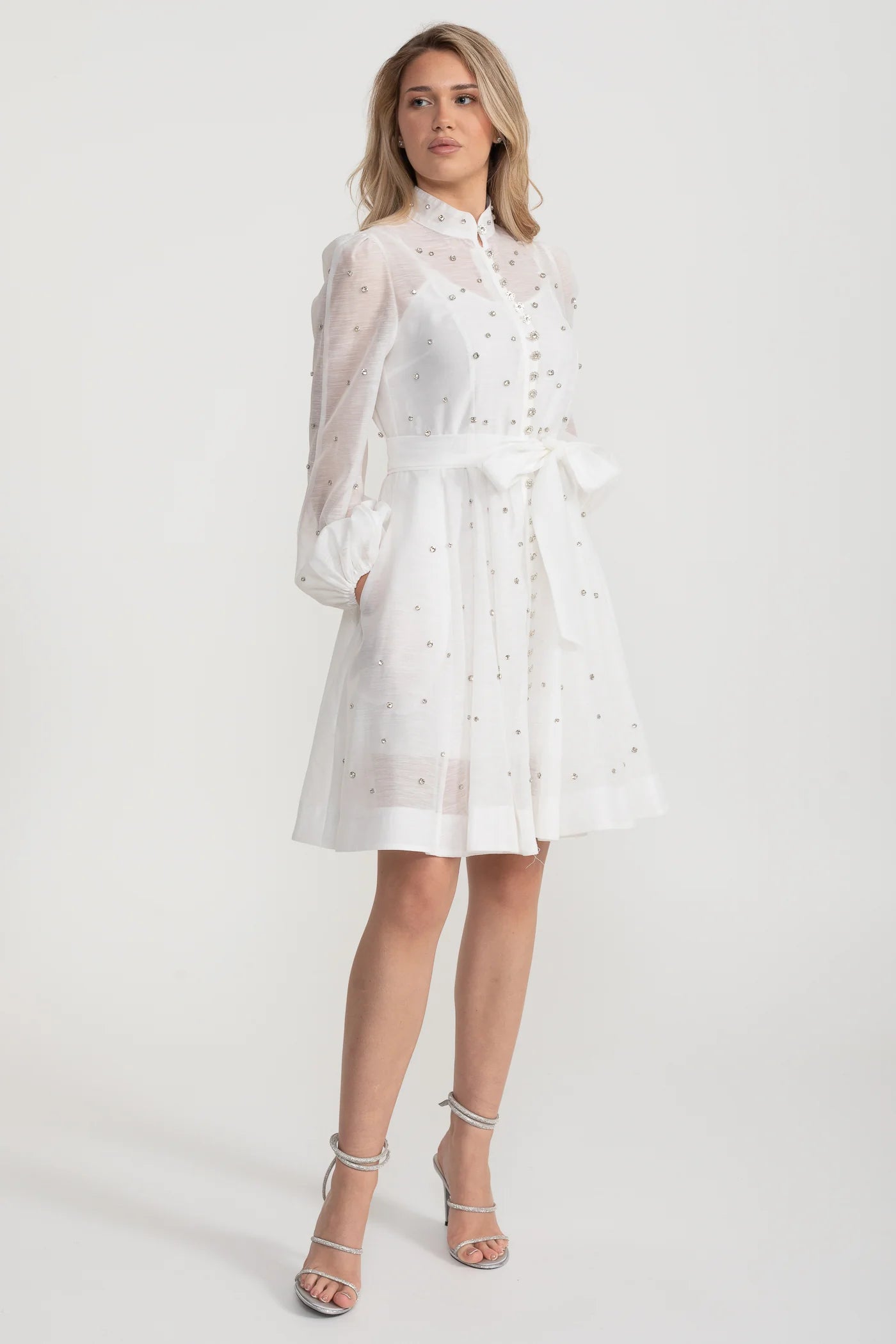 Long Sleeve Mini Dress with Crystal Embellishments - White
