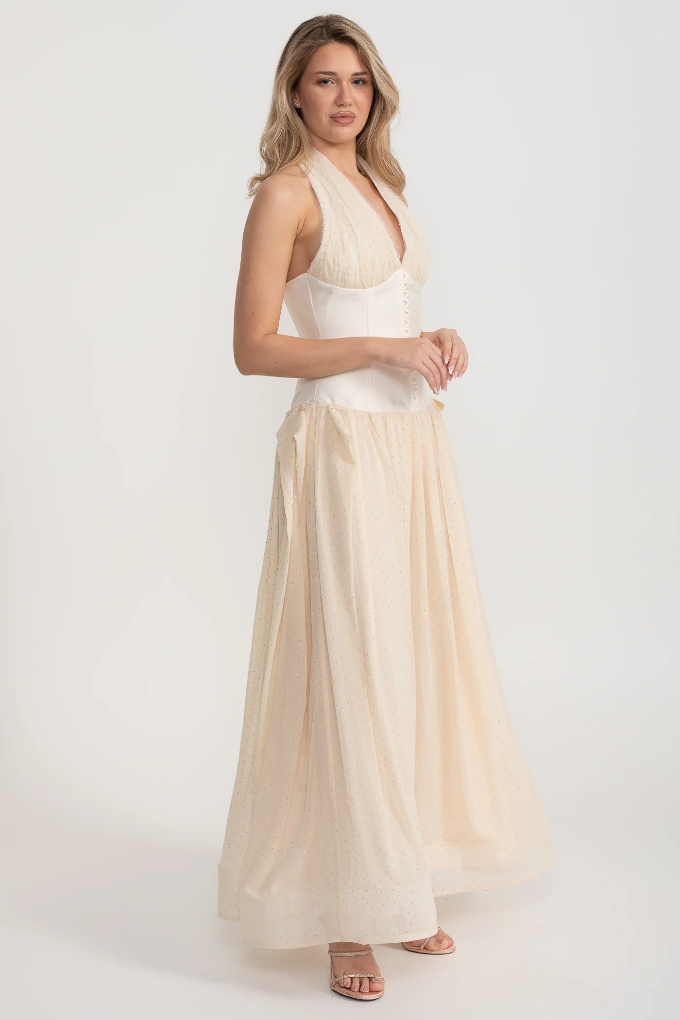 Halter Maxi Dress with Corset Bodice and Tulle Skirt - Ivoire