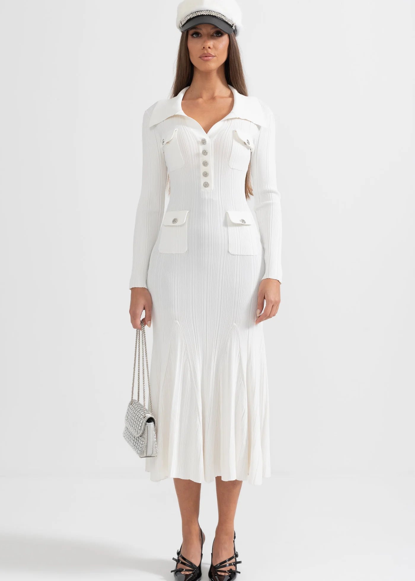 Sophisticated Long Sleeved Ribbed Dress - White