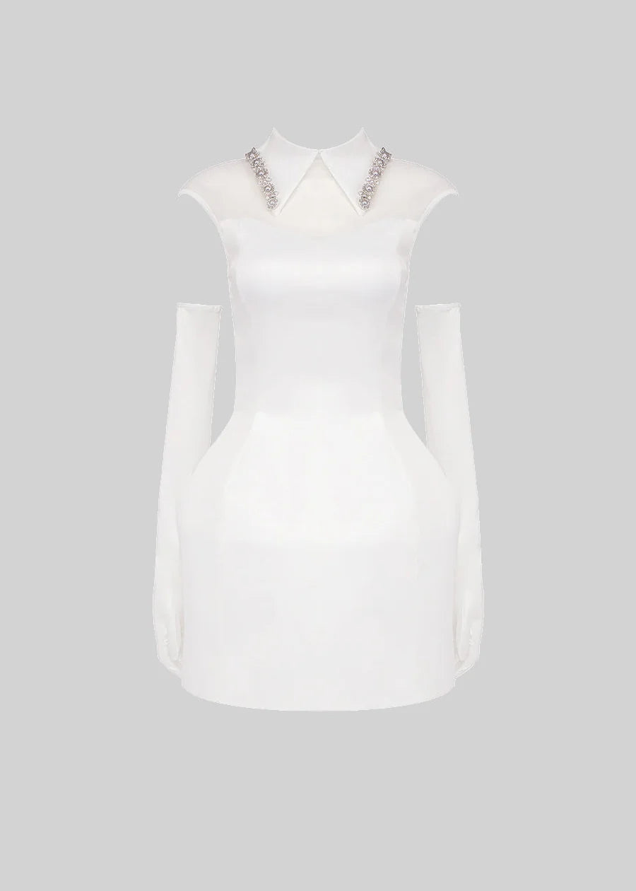 Sleeveless Fitted Mini Dress with Coordinating Long Gloves - White