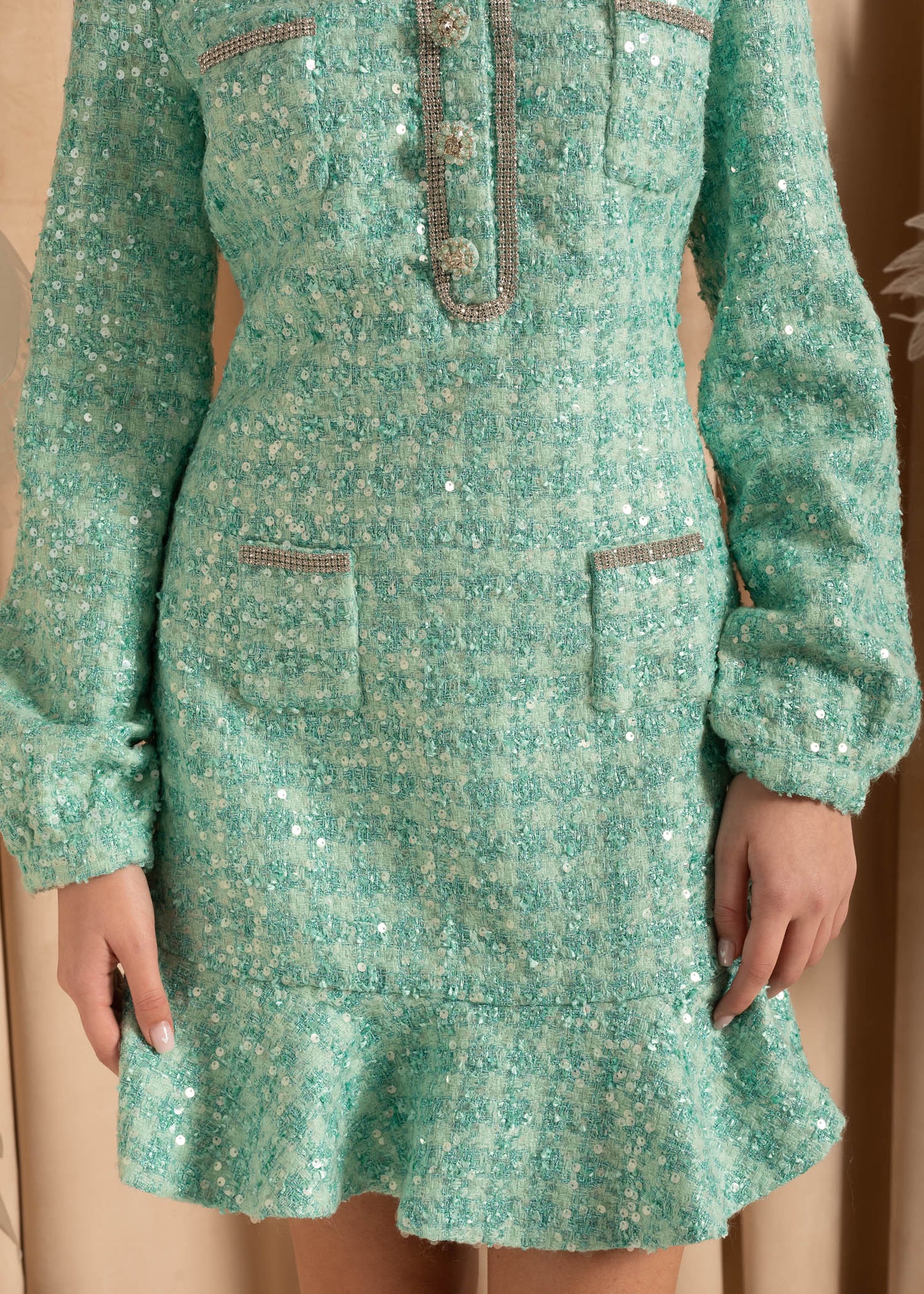 Textured Sequin Dress With Silver Embellishments - Turquoise