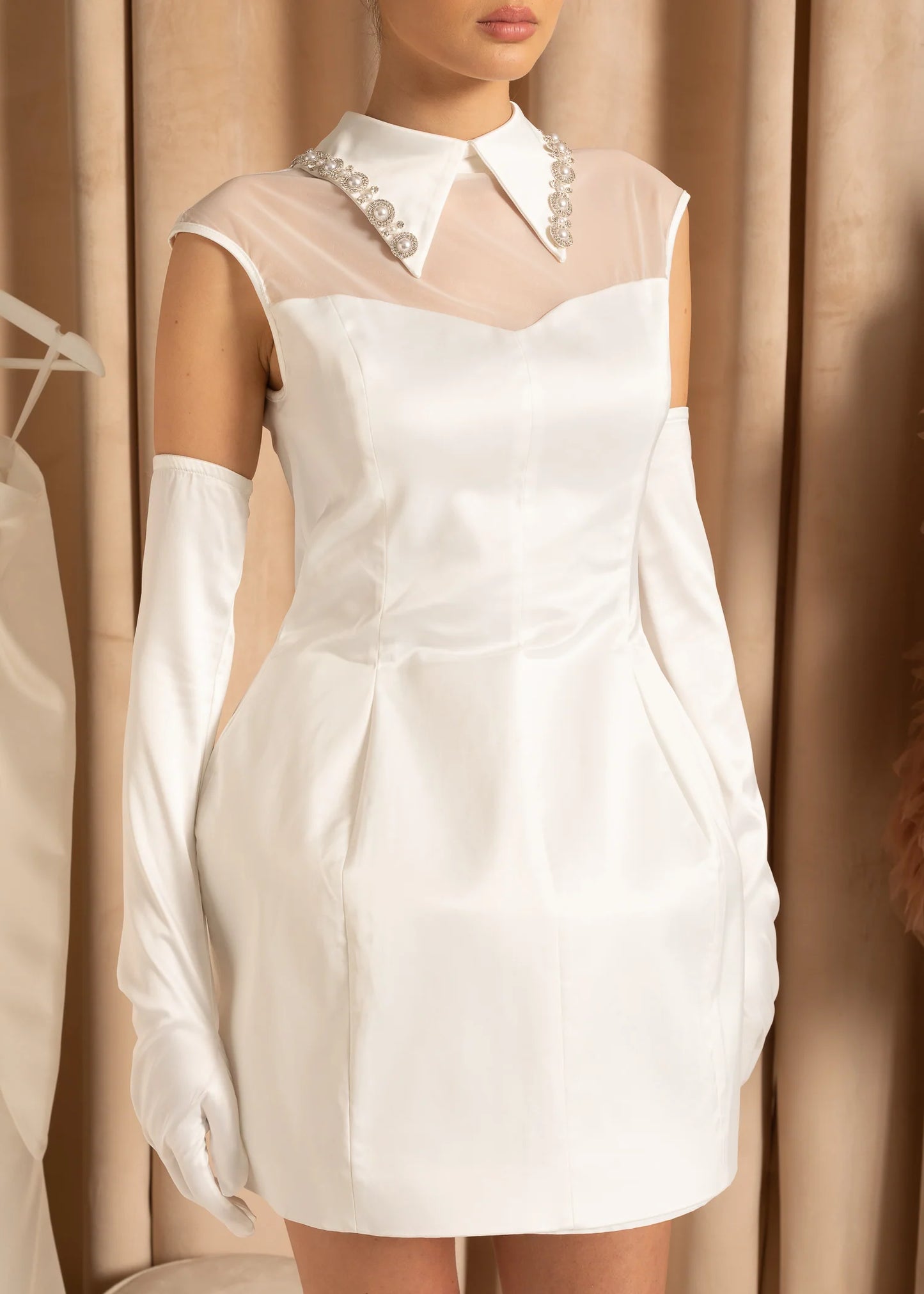 Sleeveless Fitted Mini Dress with Coordinating Long Gloves - White