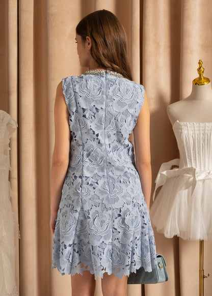 Lace Mini Dress With Floral Pattern  - Blue
