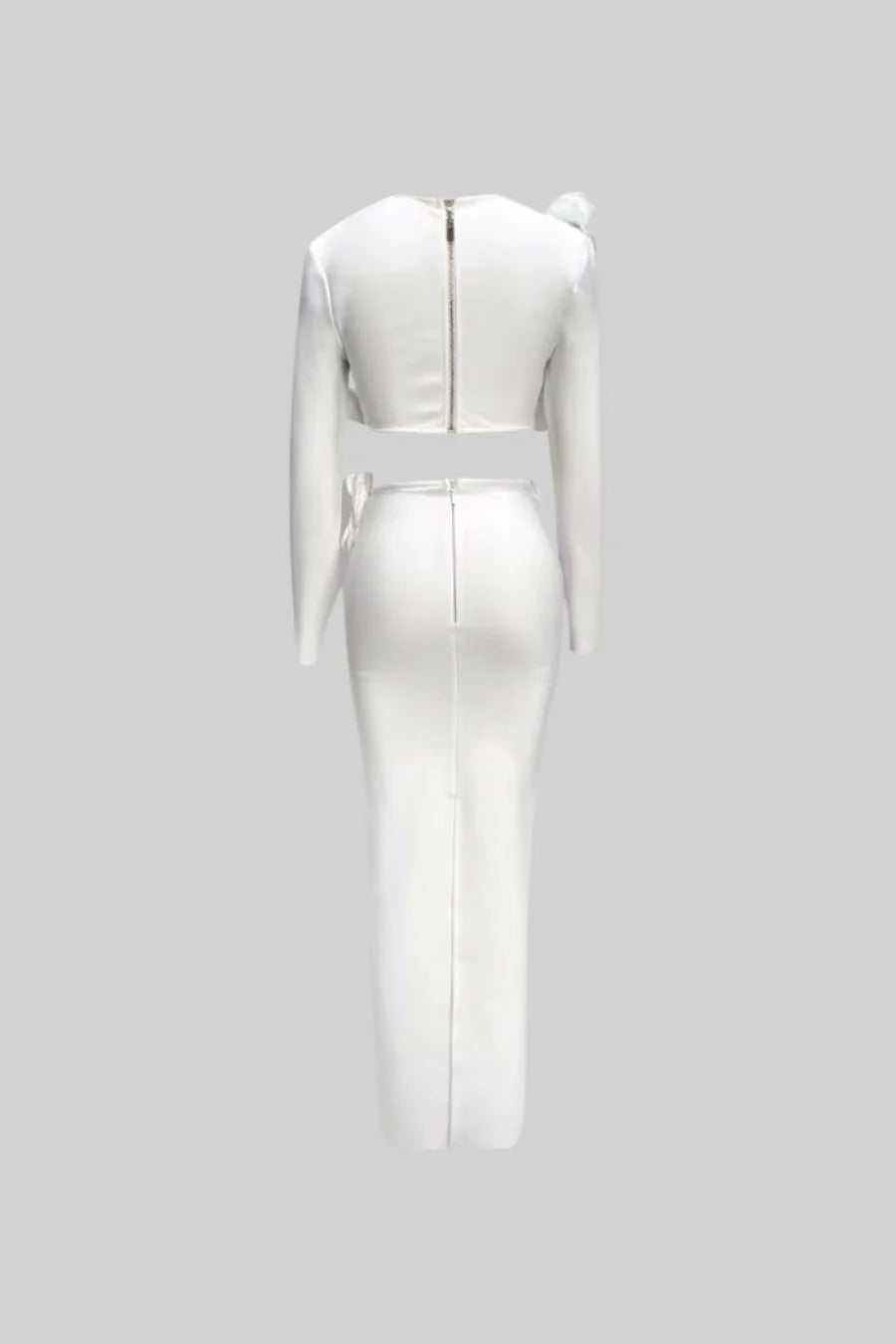 Two Piece Set With 3D Flower Embellished Top and Coordinated Maxi Skirt - White