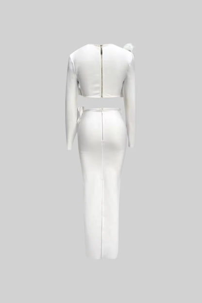 Two Piece Set With 3D Flower Embellished Top and Coordinated Maxi Skirt - White