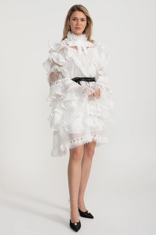 Victorian-Inspired Ruffled Lace Mini Dress – White