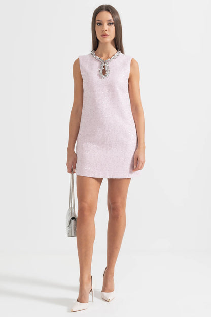 Textured Mini Dress With Silver Sequin Collar Detailing  - Pink