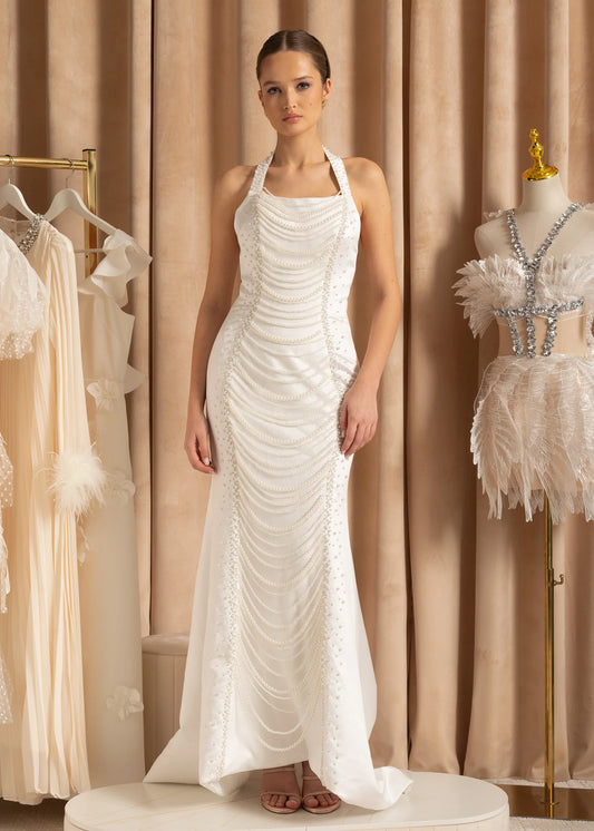 Exquisite Satin Evening Gown With Pearls - White