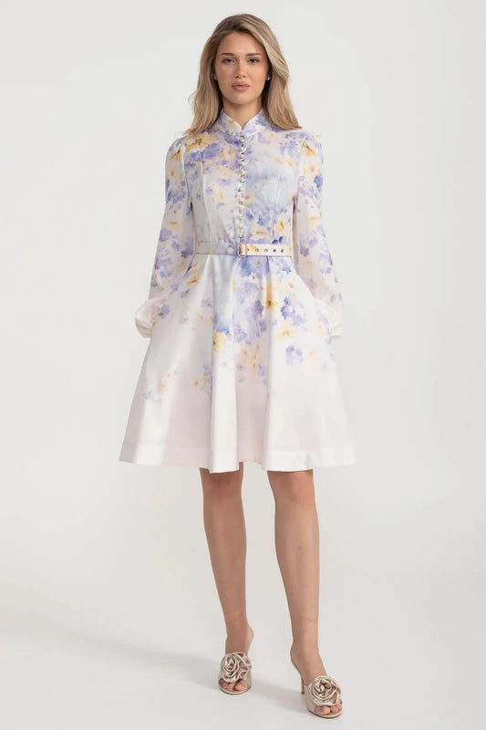Watercolor Floral Belted Mini Dress with Mandarin Collar – Pastel Blue