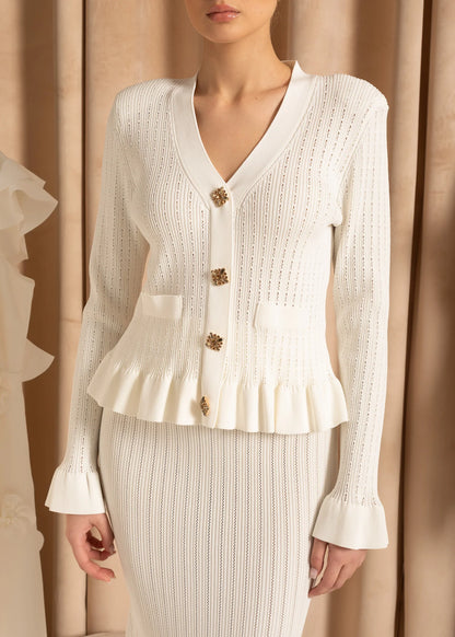Knit Jacket With Ruffled Hemline & Matching Flared Skirt Set - White