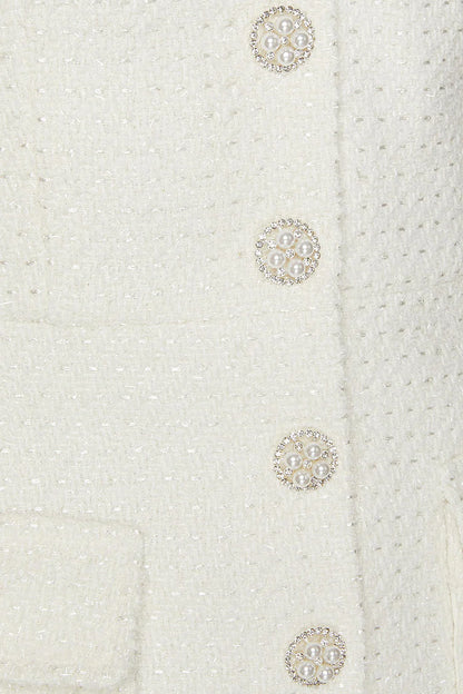 Textured Sleeveless Dress With Pearl Button Accents  - White