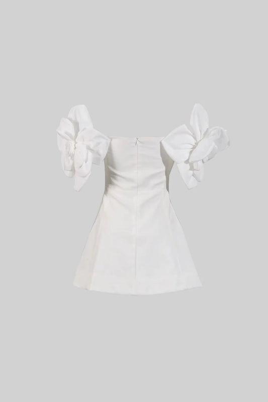 Off-Shoulder Mini Dress with Oversized Floral Appliqués - White