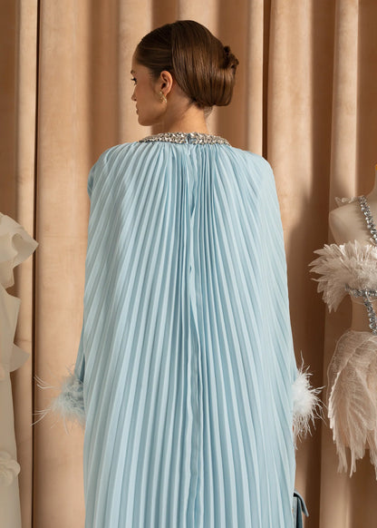 Elegant Ribbed Dress With Fluffy Cuffs And Sparkling Neckline Adornments - Baby Blue