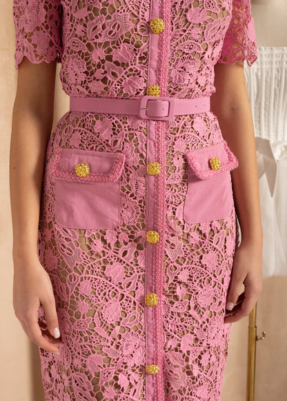 Exquisite Short Sleeve Lace Midi Dress - Rose
