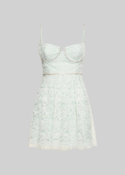 Lace Mini Dress With Floral Pattern Skirt And Sparkling Spaghetti Straps  - Turquoise