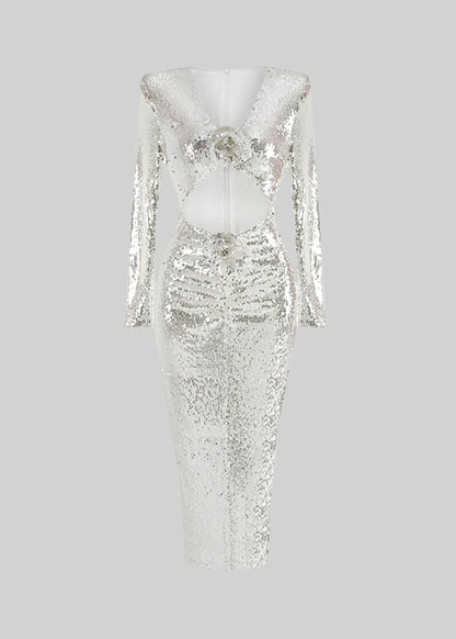 Sparkling Sequin Dress with Front Cut-Out - Silver