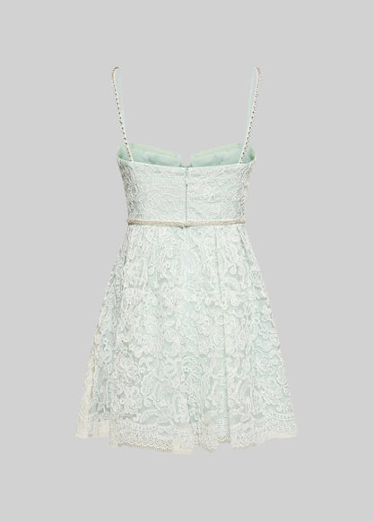 Lace Mini Dress With Floral Pattern Skirt And Sparkling Spaghetti Straps  - Turquoise