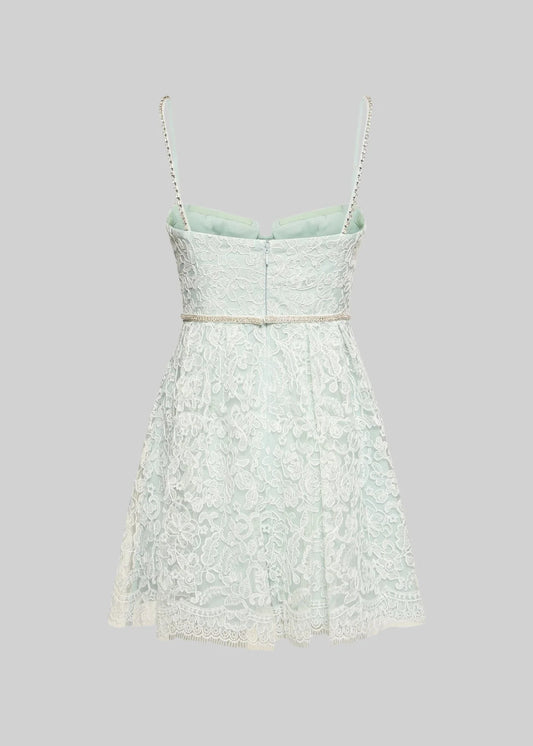 Lace Mini Dress With Floral Pattern Skirt And Sparkling Spaghetti Straps  - Turquoise